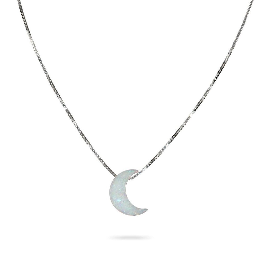 White Opal Moon Necklace Crescent Moon Choker Jewelry 925 Sterling Silver Dainty